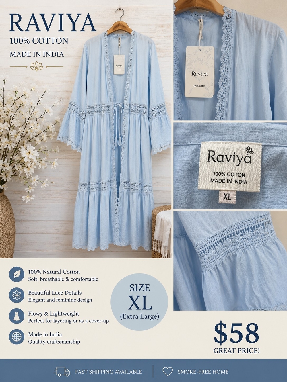 Raviya Powder Blue Cotton Lace-Trim Tie-Front Robe